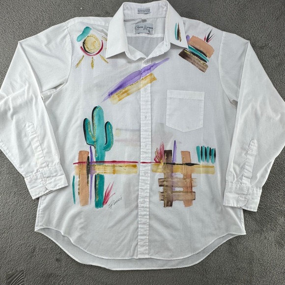 Creative Artwear L White Long Sleeve Button Up Shirt Cactus Sun Southwest Art - Picture 2 of 12